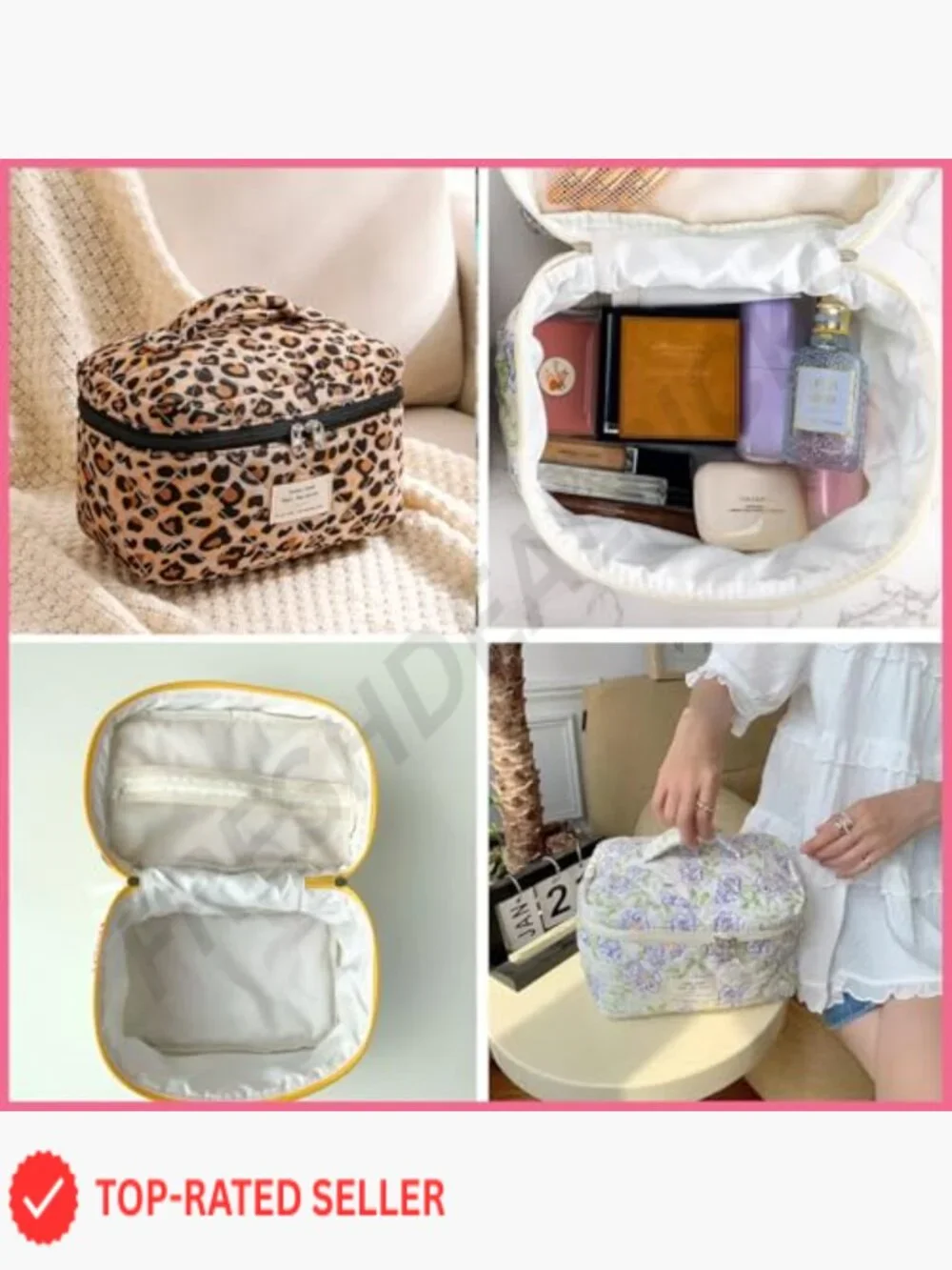 Large Quilted Travel Makeup Bag Floral Cotton Cosmetic Organizer Toiletry